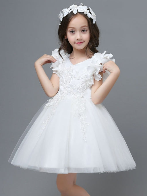 White Flower Girl Dresses A-Line Zipper V-Neck Sleeveless Tulle Flowers Kids Party Dresses