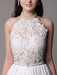 White Prom Dresses 2021 Long Ivory Halter Backless Evening Dress Lace Applique Beading Chiffon Split Party Dress