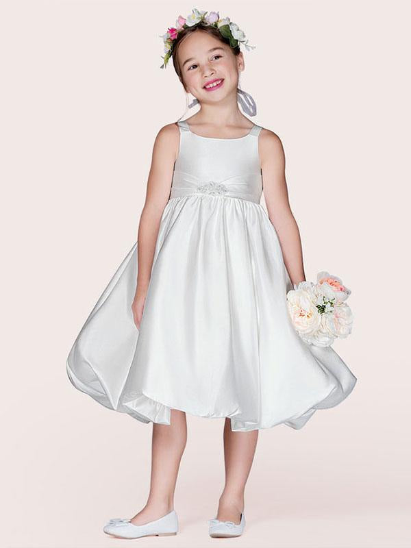 Flower Girl Dresses White Satin Fabric Jewel Neck Sleeveless Beaded Formal Kids Pageant Dresses