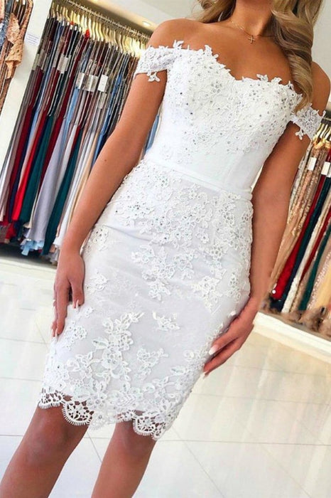 White Sheath Off the Shoulder Cocktail Short Lace Prom Dresses - Prom Dresses