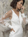 White Short Wedding Dresses V-Neck Long Sleeves Backless Sheath Cut-Outs Lace Bridal Dresses