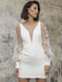 White Short Wedding Dresses V-Neck Long Sleeves Backless Sheath Cut-Outs Lace Bridal Dresses