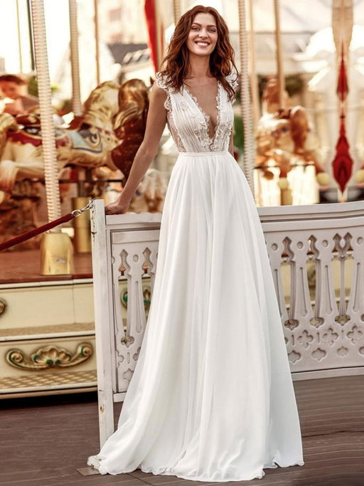 White Simple Wedding Dress A-Line Court Train V-Neck Natural