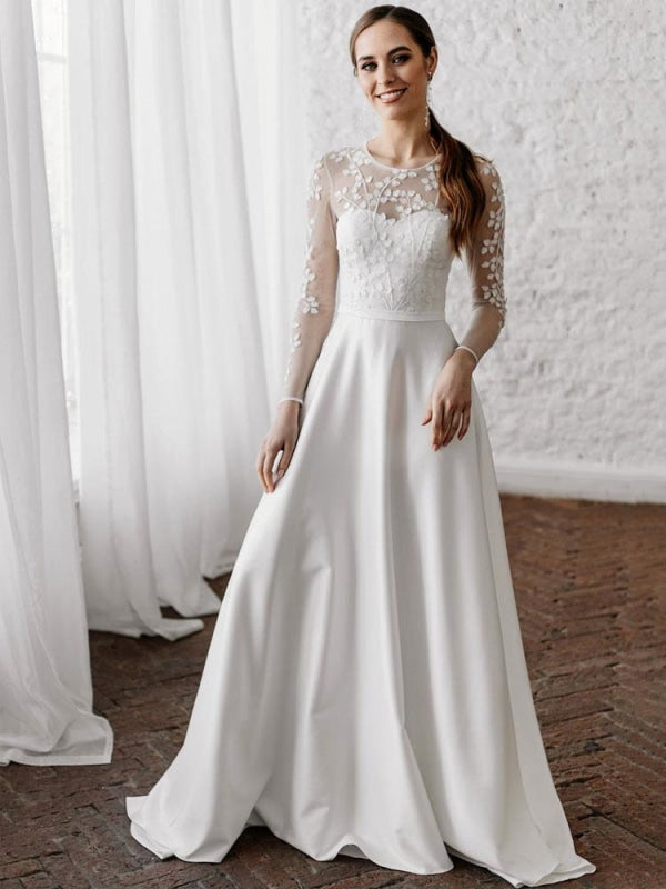 White Simple Wedding Dress A-Line Illusion Neckline Long Sleeves Pearls ...