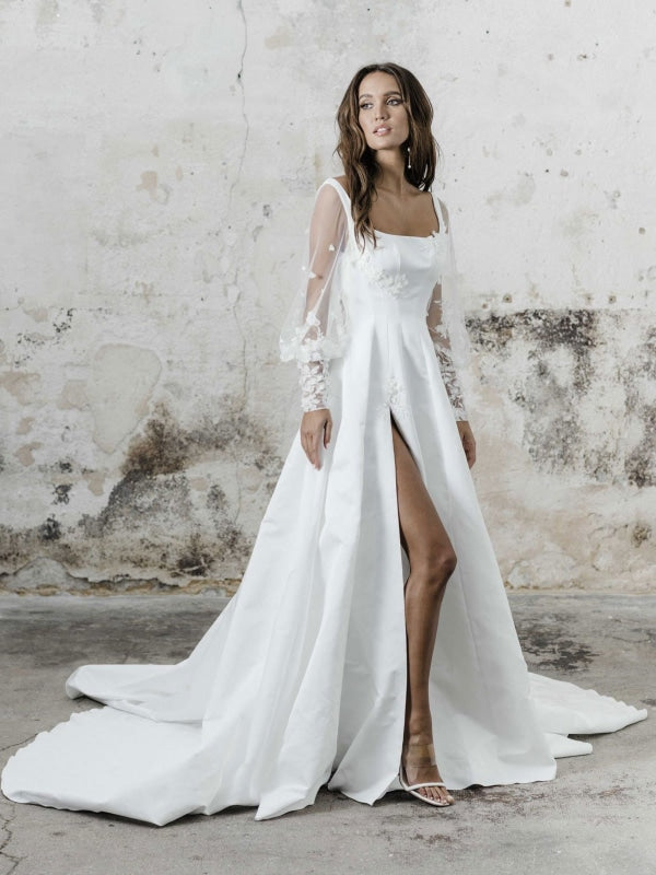 Ethereal A Line Chiffon Split Front Wedding Dress With Long Sleeve And –  DorrisDress