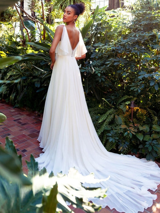 White Lace Wedding Dress V Neck A-Line Wedding Dress Short Sleeves Bac —  Bridelily