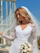 White Simple Wedding Dress Lace V-Neck Long Sleeves Lace Chiffon Pleated A-Line Long Bridal Gowns