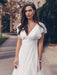 White Simple Wedding Dress Lace V-Neck Short Sleeves Backless Ruffles A-Line Natural Waist Long Bridal Gowns