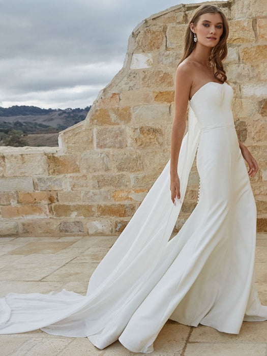 Simple Strapless Satin Fit-and-Flare Wedding Dress with Long Train