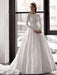 White Simple Wedding Dress With Train A-Line Jewel Neck Long Backless Sleeves Satin Fabric Bridal Gowns