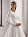 White Simple Wedding Dress With Train A-Line Jewel Neck Long Backless Sleeves Satin Fabric Bridal Gowns