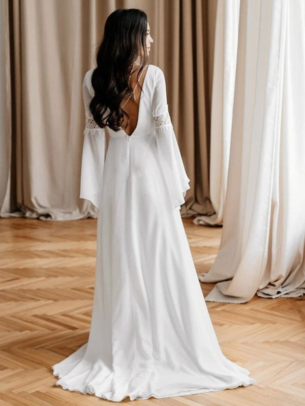 White Simple Wedding Dress A-Line Square Neck Long Sleeves Backless Ap —  Bridelily
