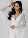 White Simple Wedding Dress With Train A-Line V-Neck Long Sleeves Backless Chains Natural Waist Bridal Gowns