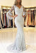 White V Neck Long Prom Mermaid Lace Appliqued Evening Dress with Sleeves - Prom Dresses