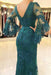 White V Neck Long Prom Mermaid Lace Appliqued Evening Dress with Sleeves - Prom Dresses