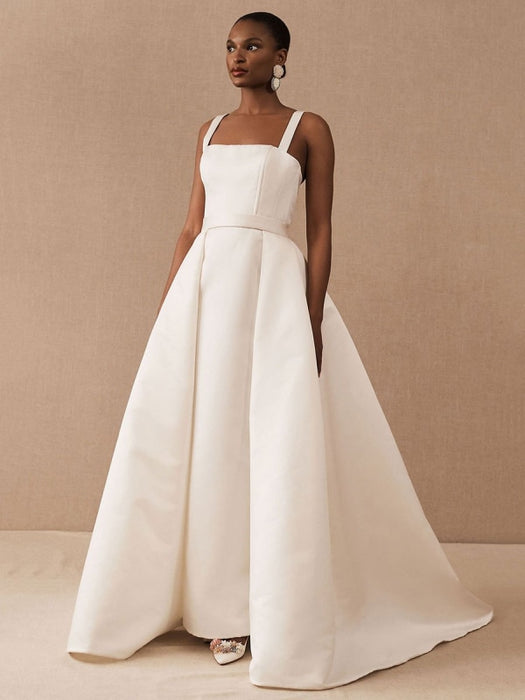 Vintage Wedding Dresses Square Neck Sleeveless Natural Waist Satin Fab —  Bridelily