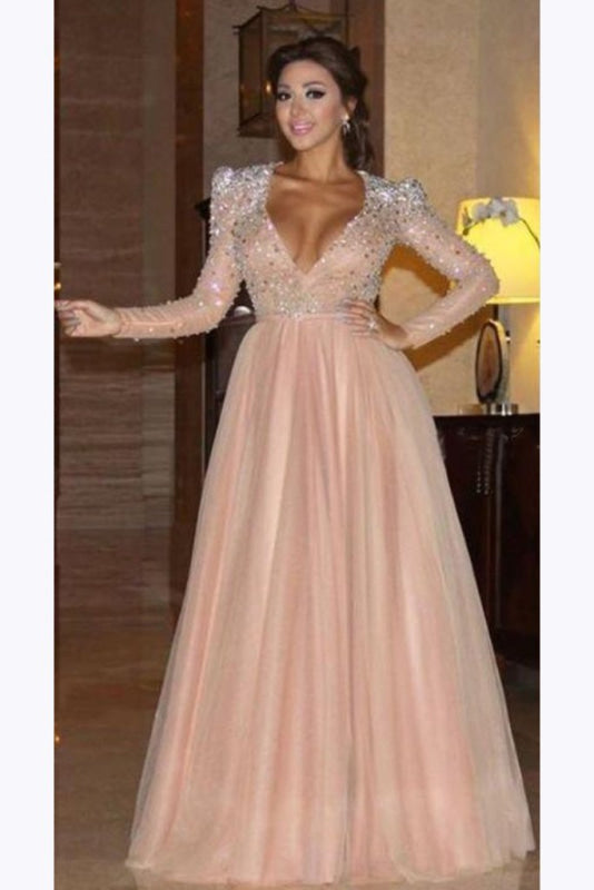 Wonderful Beautiful Graceful Elegant Long Sleeve Formal Dress with Beads A Line Sparkle V Neck Evening Dresses - Prom Dresses