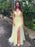 Yellow A Line V Neck Backless Lace Prom Dresses with Slit, Yellow Lace Formal Dresses, Yellow Evening Dresses