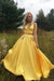 Yellow Satin Two Pieces Long Homecoming with Silver Beading Prom Dress - Prom Dresses